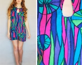 1960s Bright Mini Micro Dress Psychedelic Groovy Hippie Print Small Medium Large