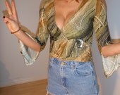 Grunge Green Olive Bell Sleeve Crop Top XS S M Club Kid Peep Shoulder Cut Out Psychedelic Boho Hippie Black Brown Gypsy Festival Wear