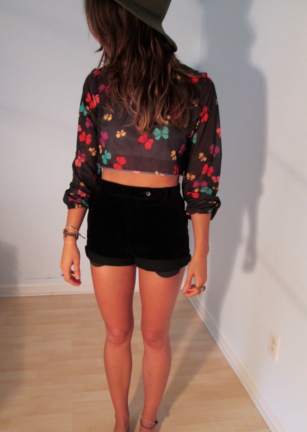 UpCycled OOAK Psychedelic Sheer Butterflies Blouse XS S Crop Top Boho Butterfly Hippie Gypsy Club Kid Acid Bohemian Festival Wear