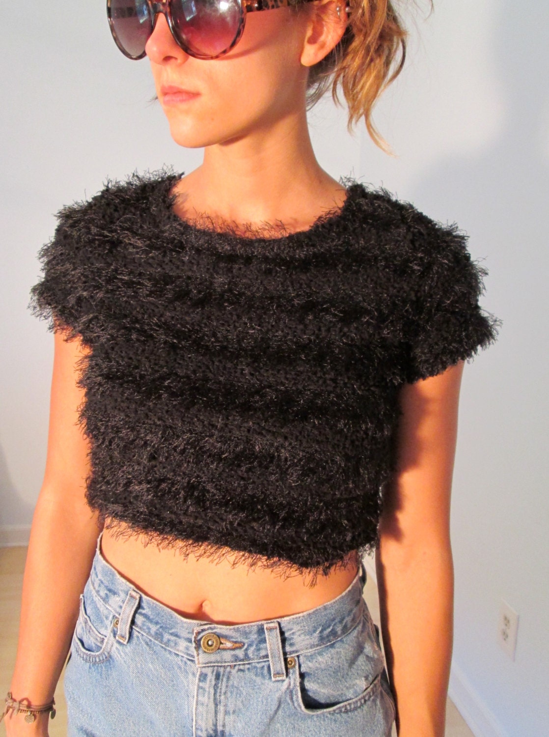 Black Fuzzy Crop Top Amy Byer CA Vintage XS S Cropped Sweater California Club Kid Hippie Gypsy Hipster Festival Wear