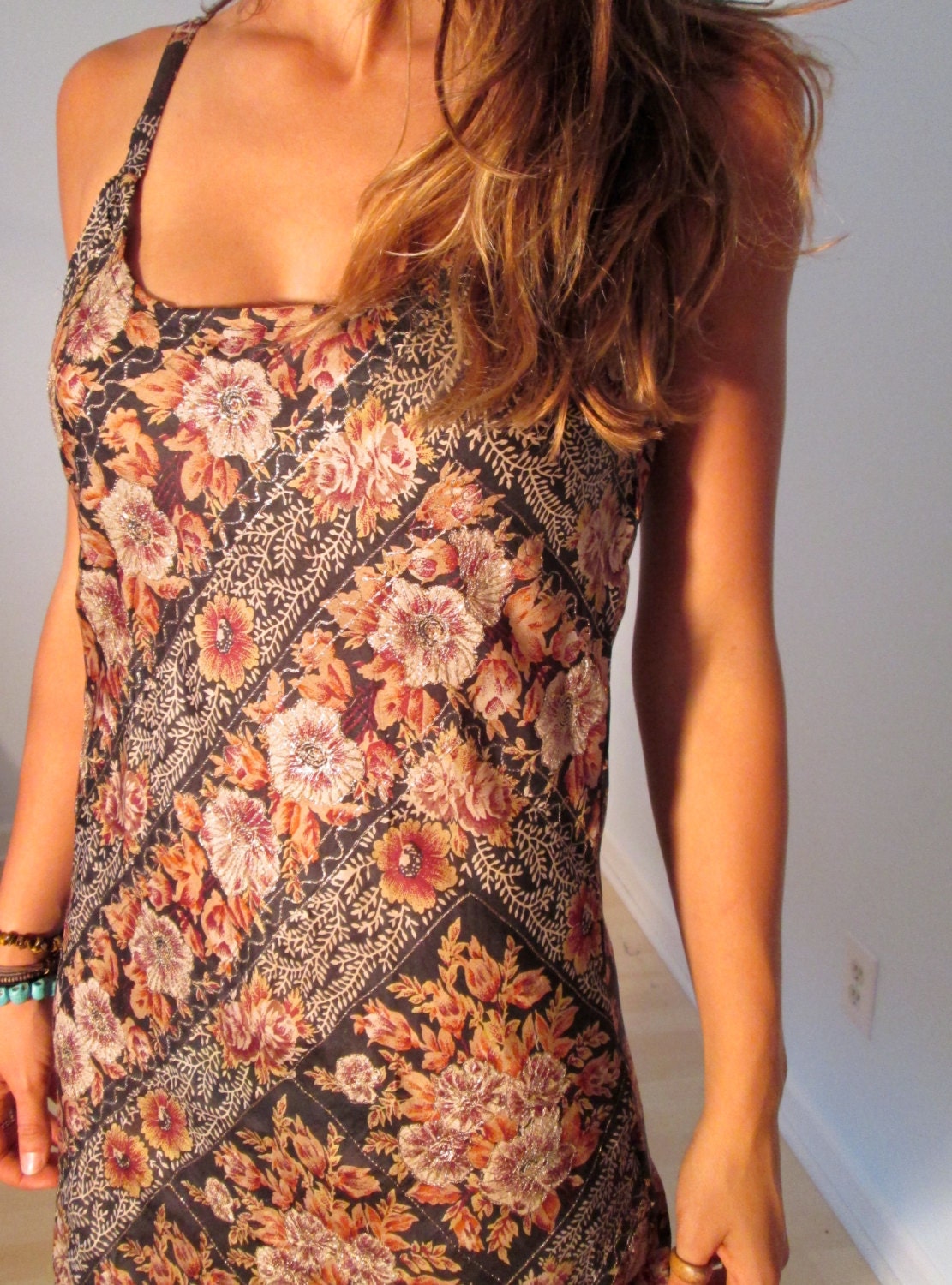 Black Silk Pixie Mini Dress S M Floral Asymmetrical Hem Metallic Gold Boho Hippie Gypsy Club Kid Acid Grunge Bohemian Hipster Festival Wear
