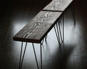 4ft modern reclaimed elemental wood bench with hairpin legs, vintage upcycled industrial