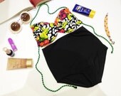 New vintage bikini set hawaiil top and black high waist bottoms fashion for women in summmer