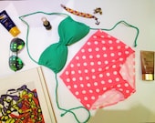New vintage bikini set green mint pastel top and Neon orange polka dot white high waist fashion for women in summmer