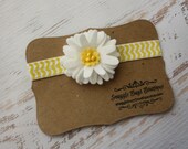 Wool Felt Daisy on Yellow Chevron Elastic Headband or Hair Clip - Newborn Baby to Adult