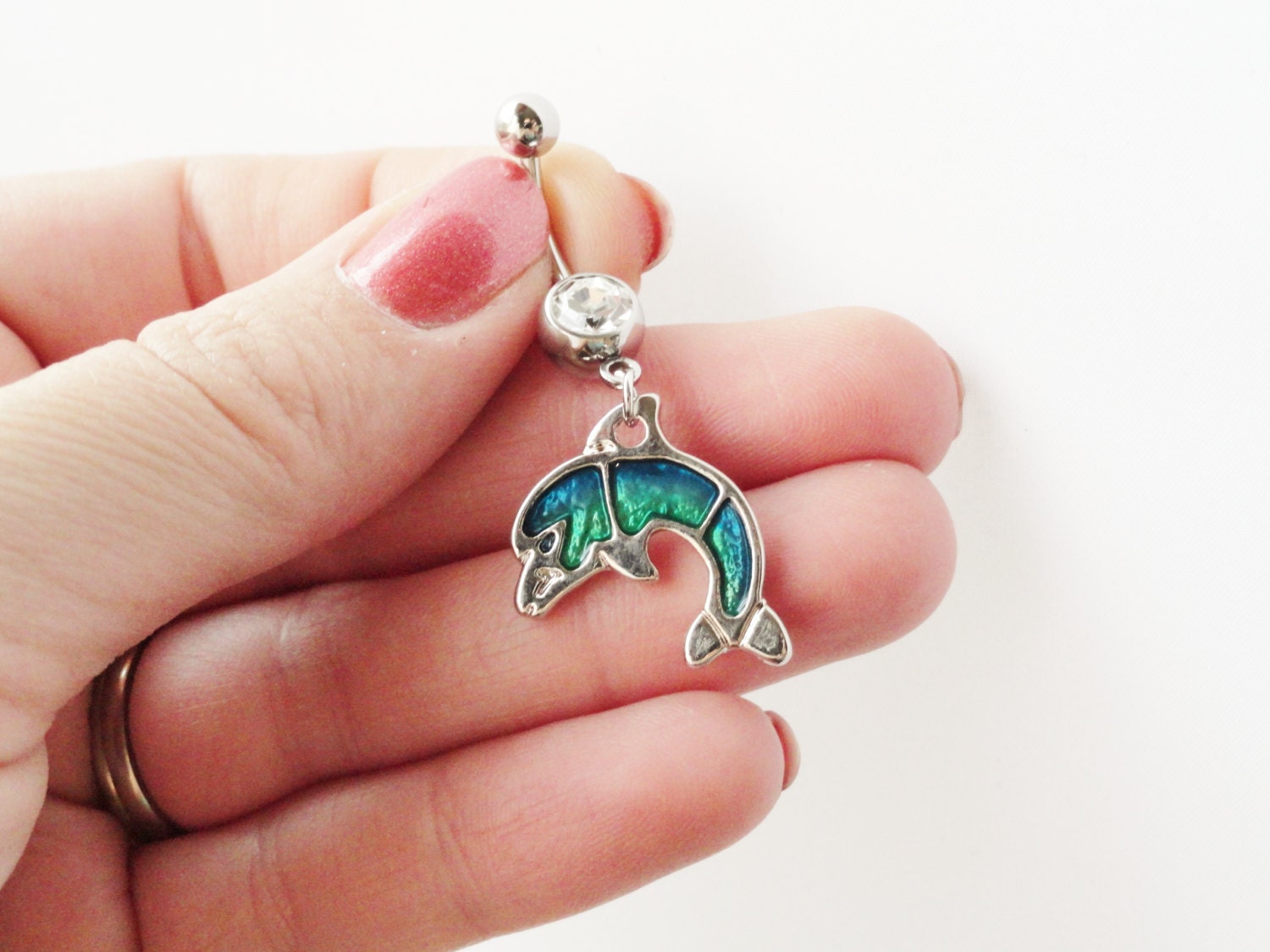 Dolphin Belly Button Jewelry Dangle Belly Ring Green Blue