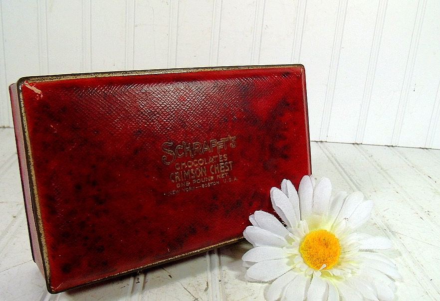 Vintage Schrafft's Chocolates Crimson Chest - Large Dark Red Textured Candy Tin - Gold Embossed Ruby Covered Deep Metal  Box