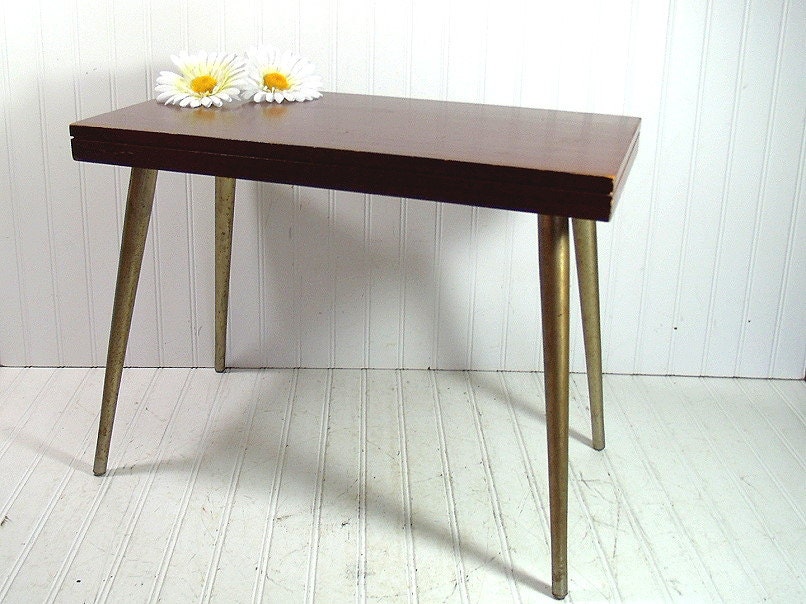 Mid Century End Table - Eames Era Style Side Piece - Vintage Red Chestnut Laminate with Metal Needle Tapered Legs