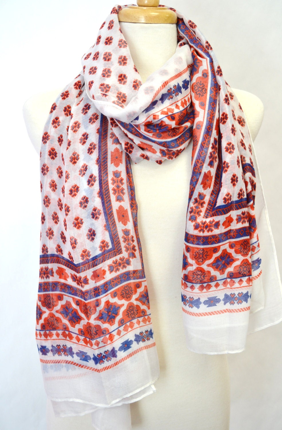 Western Ikat Aztec Tribal Print Lightweight Scarf Shawl Wrap Gift Idea Fashion Accessory White Navy