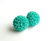 Aqua Mum Earrings - blue flower, teal, resin cabochon, silver stud, 15mm