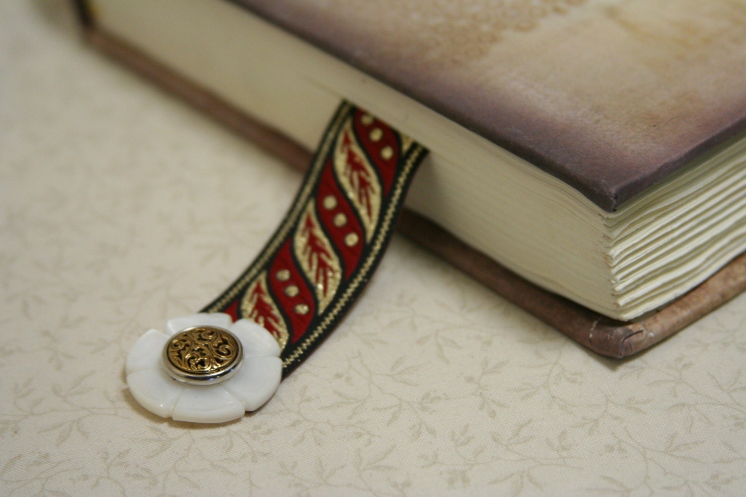 Ribbon Bookmark - Mother of Pearl Button - made with a red and gold ribbon