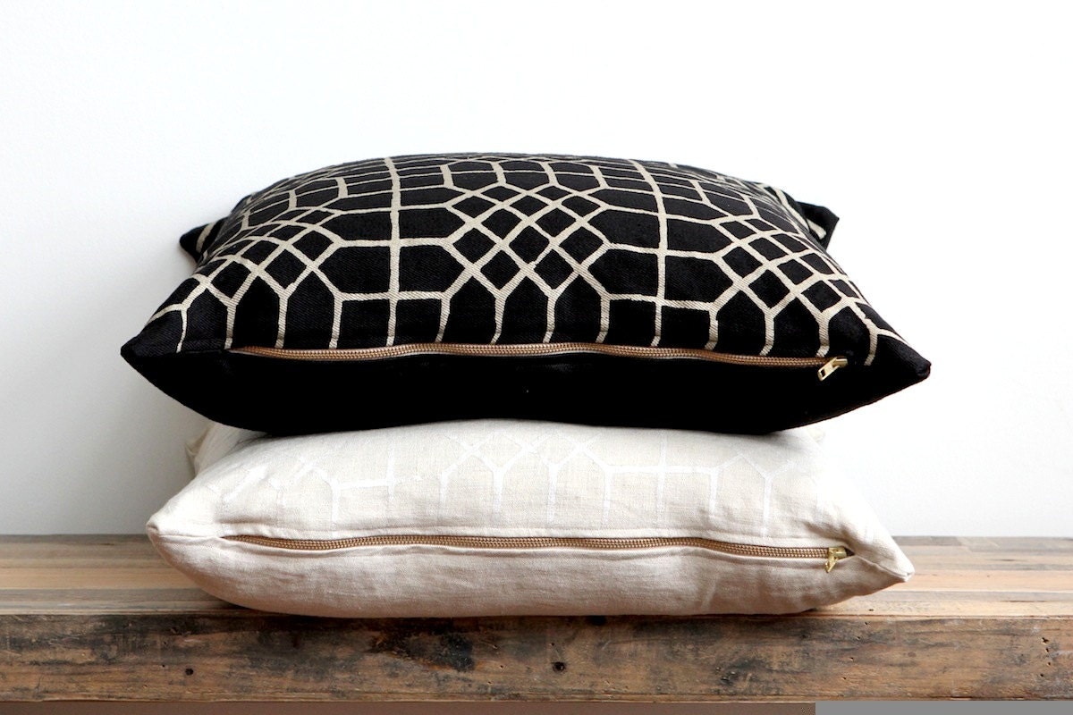 Penn Grid in metallic pearl hand printed on natural ecru organic hemp pillow cover 22x22