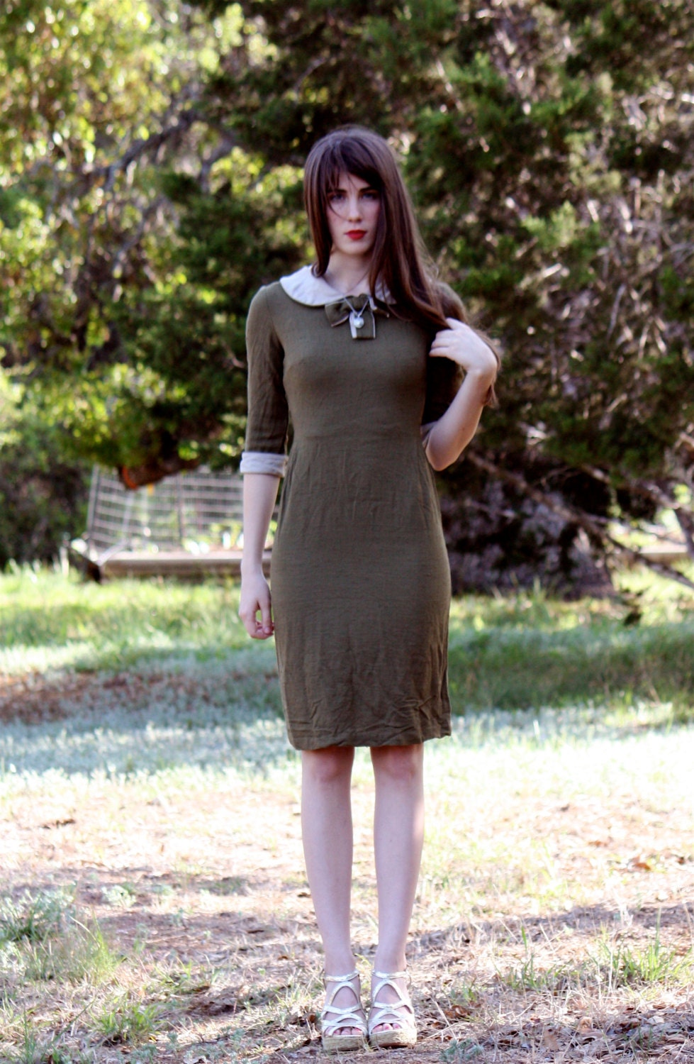 Vintage Army Green Linen Dress