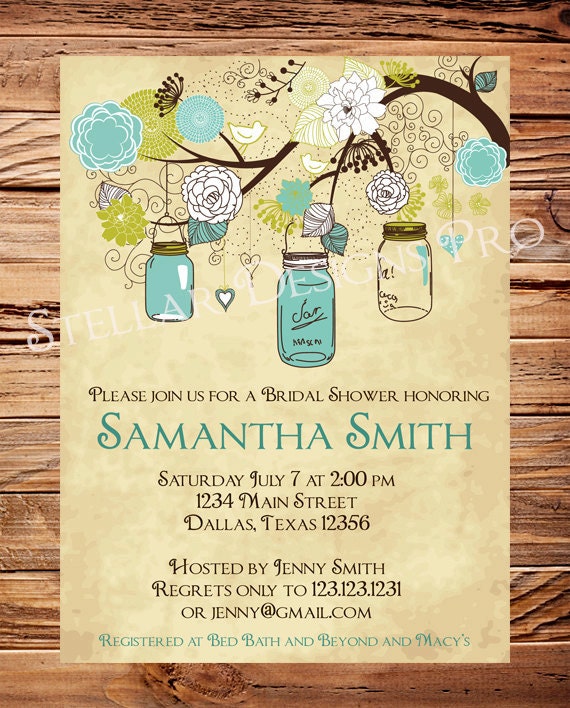 Vintage Mason Jars Invitation, Vintage Bridal Shower Invitation, Wedding Shower,  Mason Jars, Branches, Turquoise, Brown (6121)