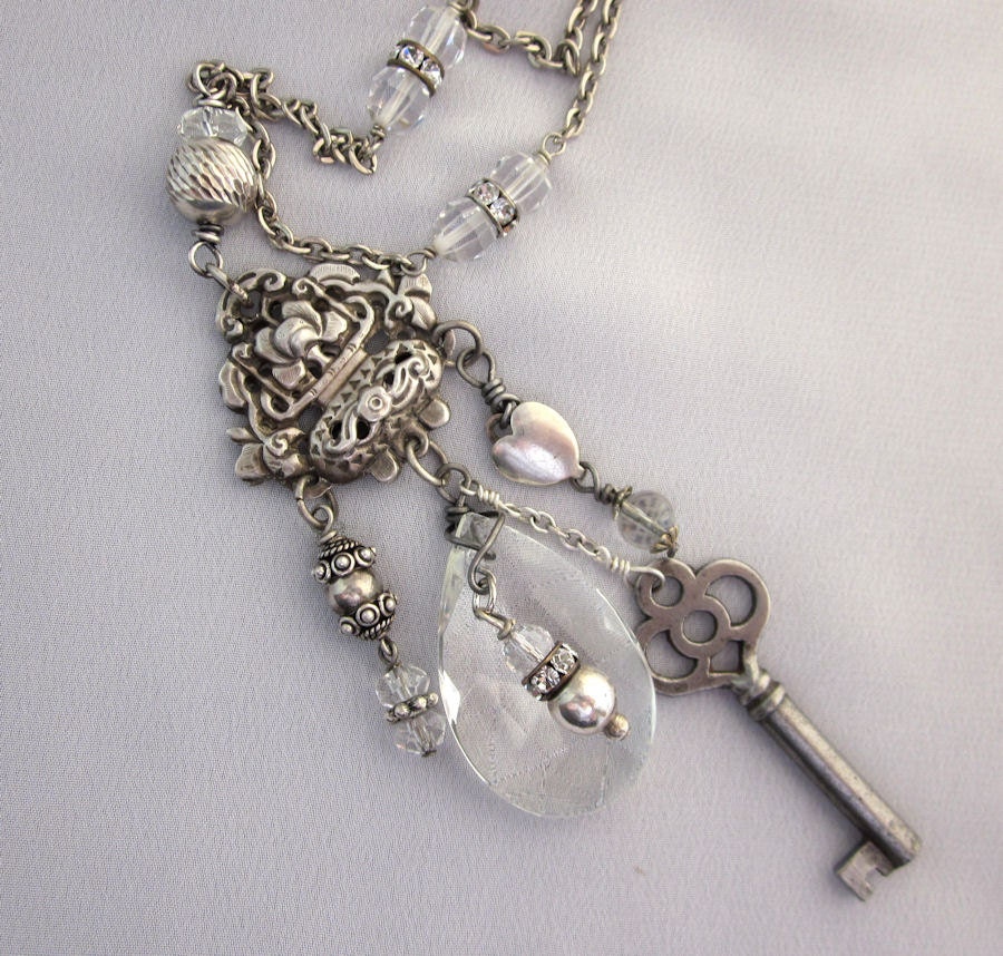 Upcycled Crystal Antique Key Charm Necklace, Sterling Silver, Long Chain Assemblage Necklace, Repurposed Jewelry OOAK JryenDesigns
