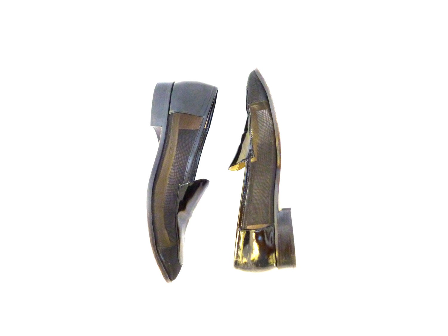 Black sheer mesh & patent leather slip on loafers 9