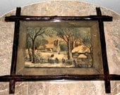 Antique English Criss Cross Wood Frame - Hand Carved with Original Currier & Ives Print - Late 1800s / Early 1900s - Original Glass