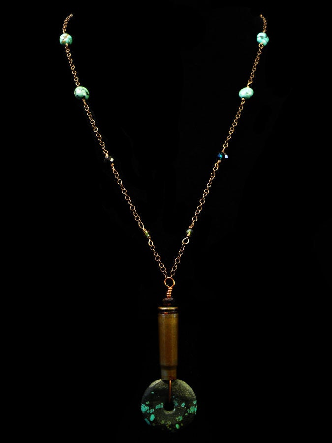 Bullet Necklace - Shell Casing Rosary Pendant Turquoise - Copper - 7.62x39 AK-47 Caliber