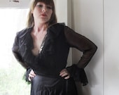Black Dress Ruffle Collar 1960s Maxi Dress Lowcut Formal Hippie Dress
