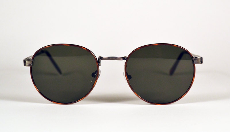 Vintage 80s Tortoise Pewter Wire Round Circle Clubmaster Sunglasses