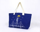 Indigo Blue Cotton Canvas Tote -  "Bridge Lady" Design In Light Grey & Yellow