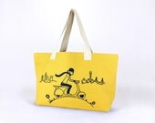Yellow Cotton Canvas Tote -  "Vespa Lady " Design In Navy