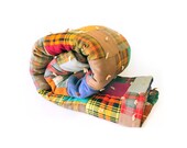 Vintage Crazy Quilt, patchwork, plaid, heavy, hand tied, teal, purple, burgundy, gold,wonderfully handmade, 87x60