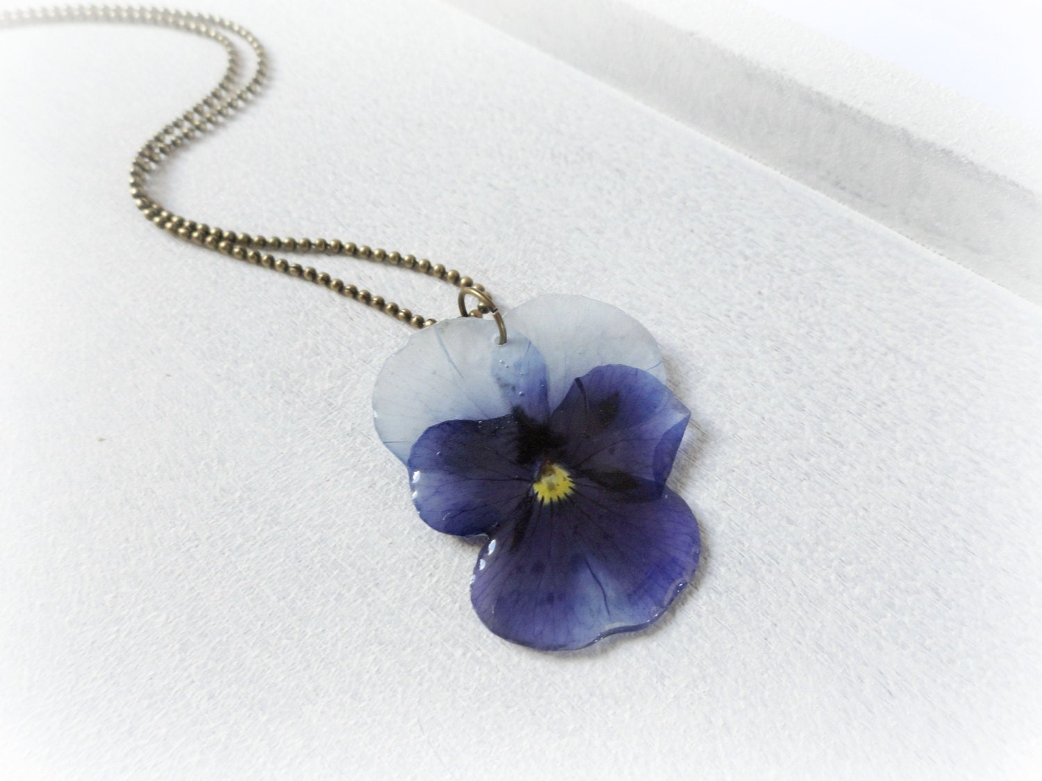 Violet Pansy flower resin necklace - real Blue Pansey flower Botanical specimen pressed preserved  yellow Mauve lilac