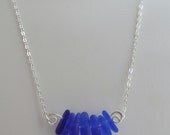 Silver Wire Hammered Blue Sea Glass Necklace Silver on 17 inch chain