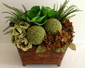 Succulent Hydrangea Rose Moss Deco Ball Traditional Neutral Centerpiece Home Decor Table Silk Floral Arrangement