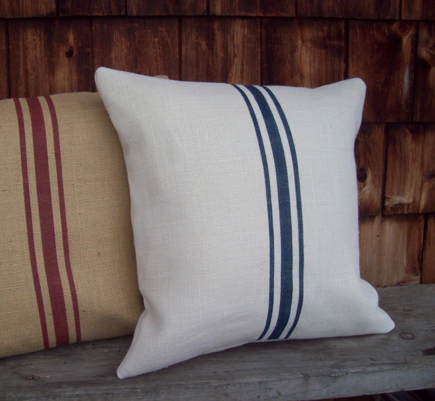 Burlap Pillow Cover - Grain Sack Pillow Cover with Hand Painted Navy Blue Stripes 16 x 16 - Other Colors Available - Decorative Pillow