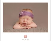 Newborn baby lacy mohair headband with dainty flower in dusty lavender purples with tie-backs --- sweet and unique for photos