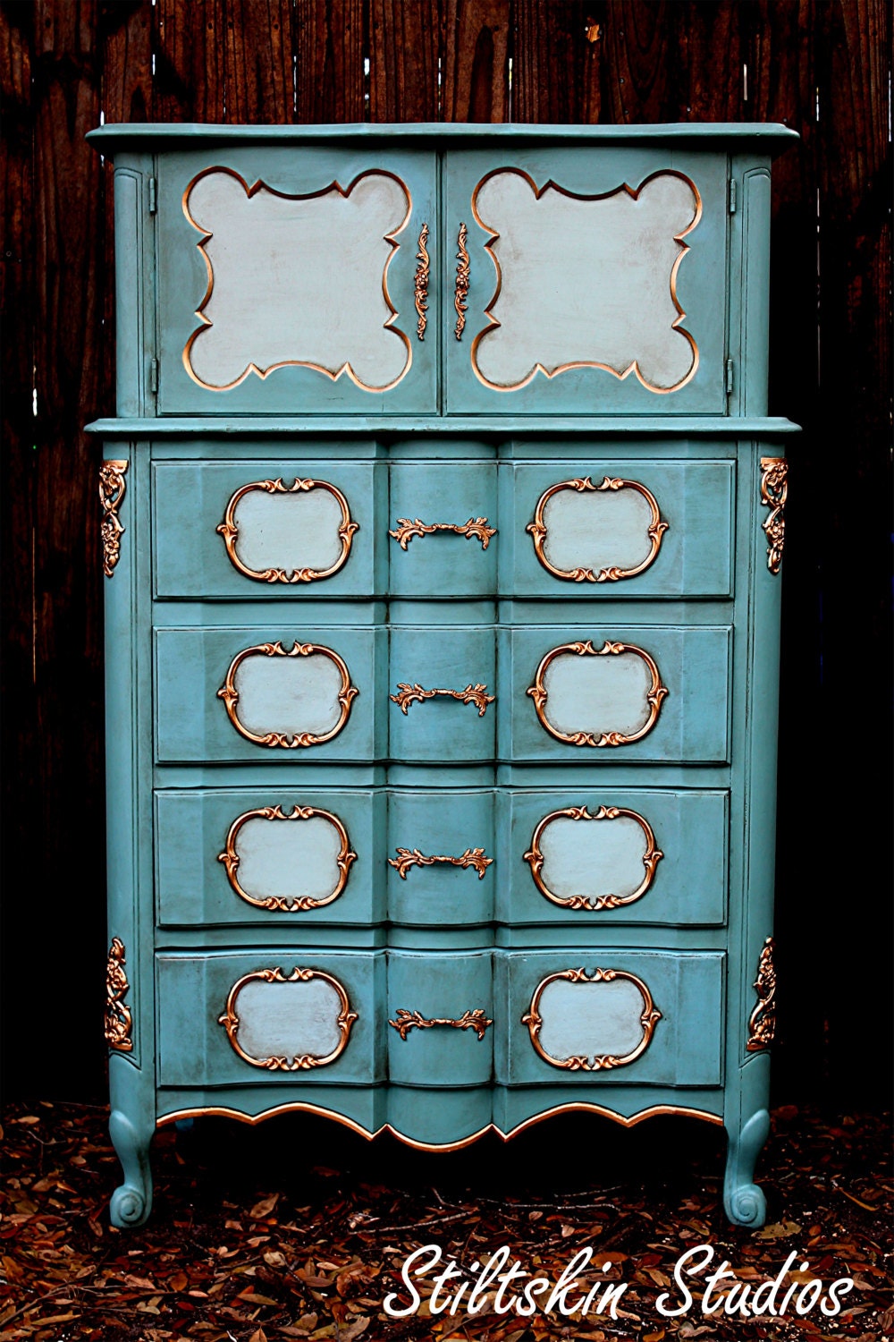 Antique Pale Turquoise Aqua French Shabby Paris Tallboy Dresser