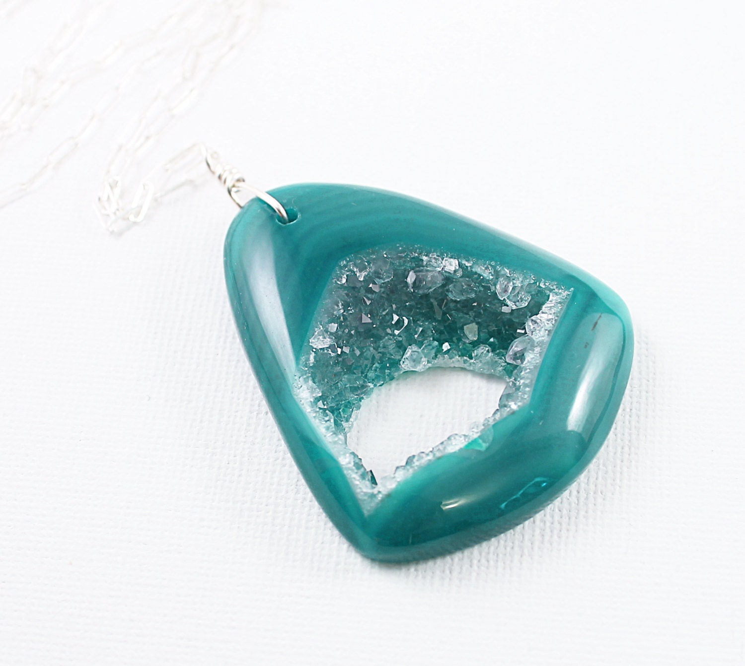 Agate druzy necklace blue geode jewelry silver