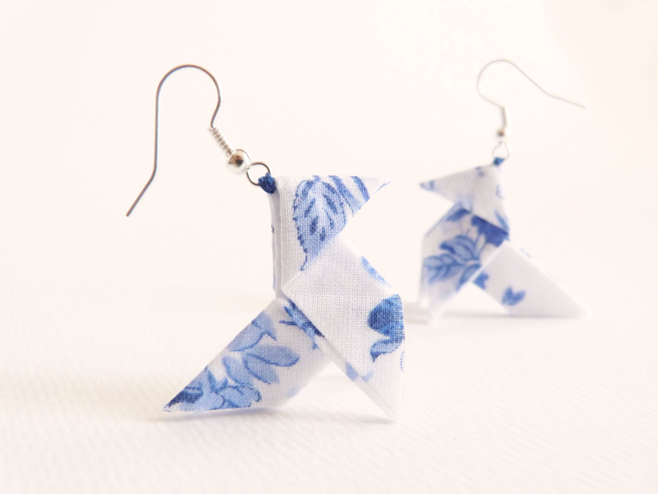 Origami earrings made of blue floral cotton