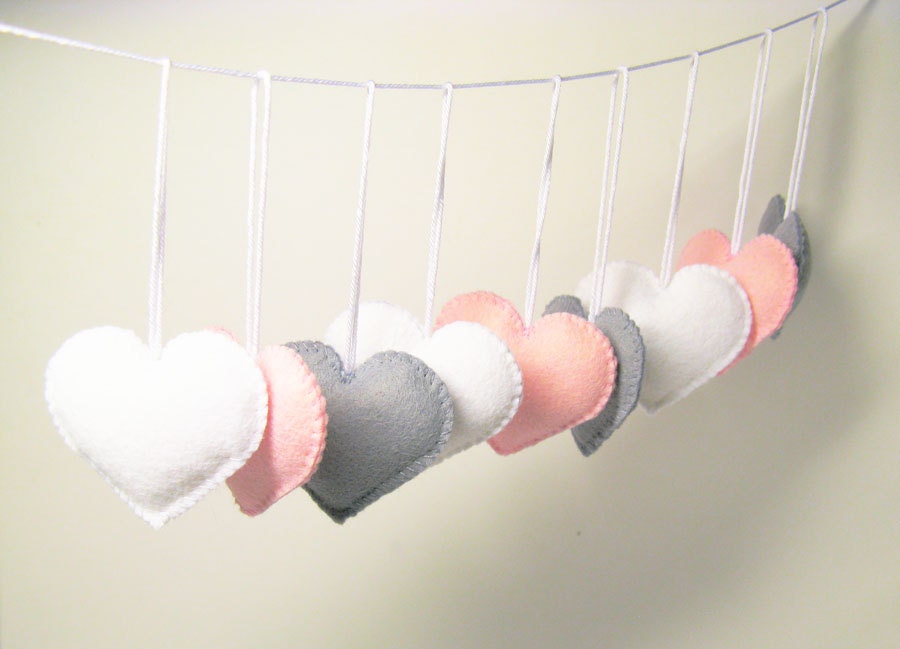 Set of 9 Felt Hearts - pastel colors - White Pink Grey- Handmade Easter ornaments - Wedding decoration - Birthday party Home decors