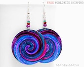 Blue & Purple Swirl  Earrings  Free  Shipping dangle Round decoupage 2-sided Jewelry diameter 4cm (1,57 inch) ,  gift for her under 25 (C1)