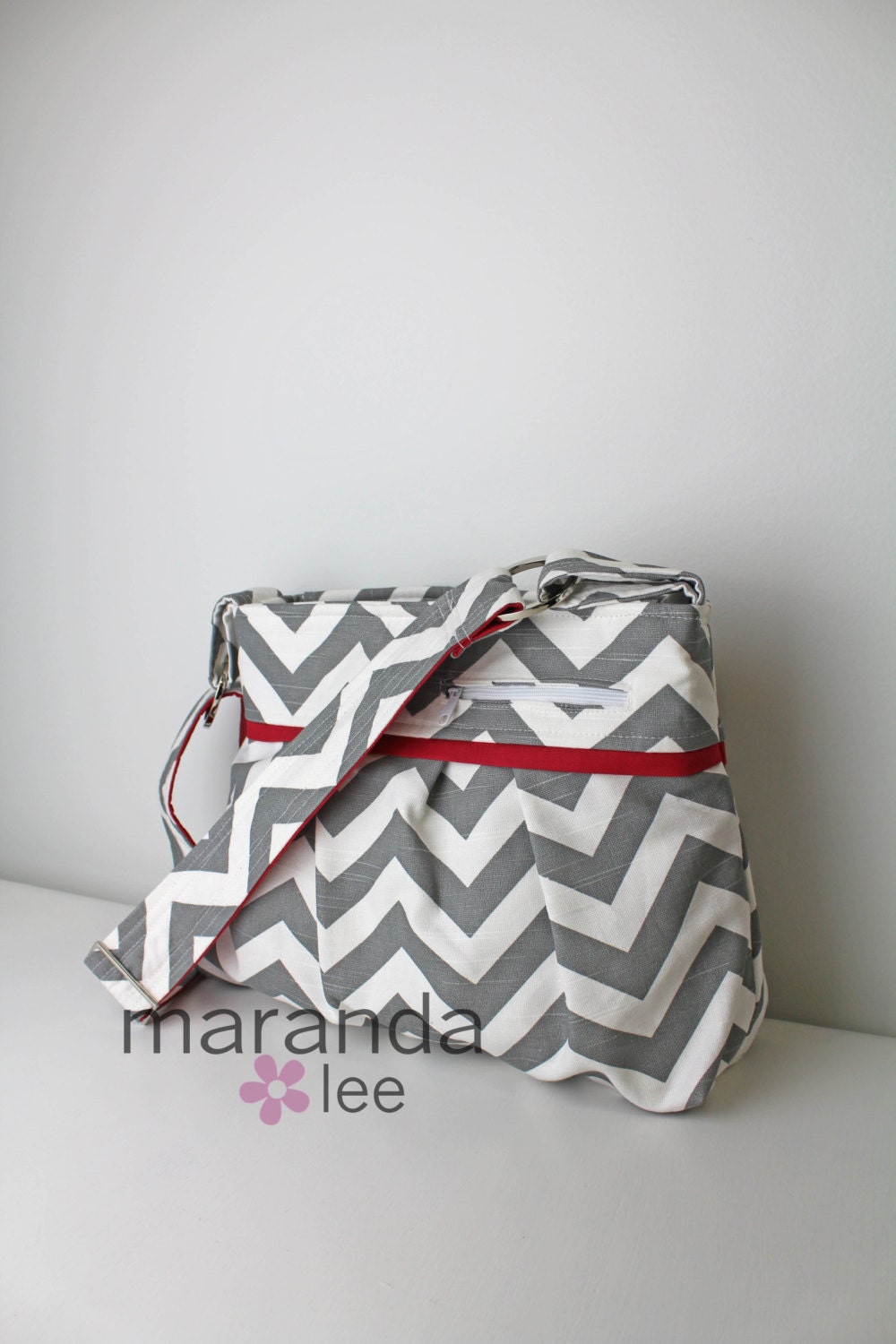 Stella DELUXE Chevron Diaper Bag Medium - Gray Chevron with Red- Zipper Closure Zipper Cell Phone Pocket