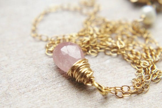 Pink Sapphire Necklace - Small 14k Gold Wire Wrapped Light Raspberry Gemstone Handmade Jewelry Gifts for Her SALE.