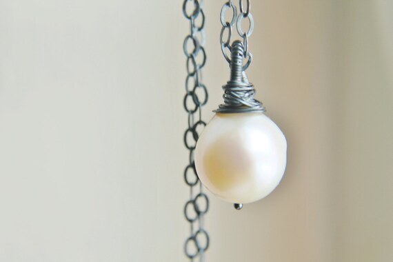 Simple Pearl Necklace - Large White Baroque Round Oxidized Sterling Silver Wire Wrapped Handmade Statement Jewelry Gifts for Her.
