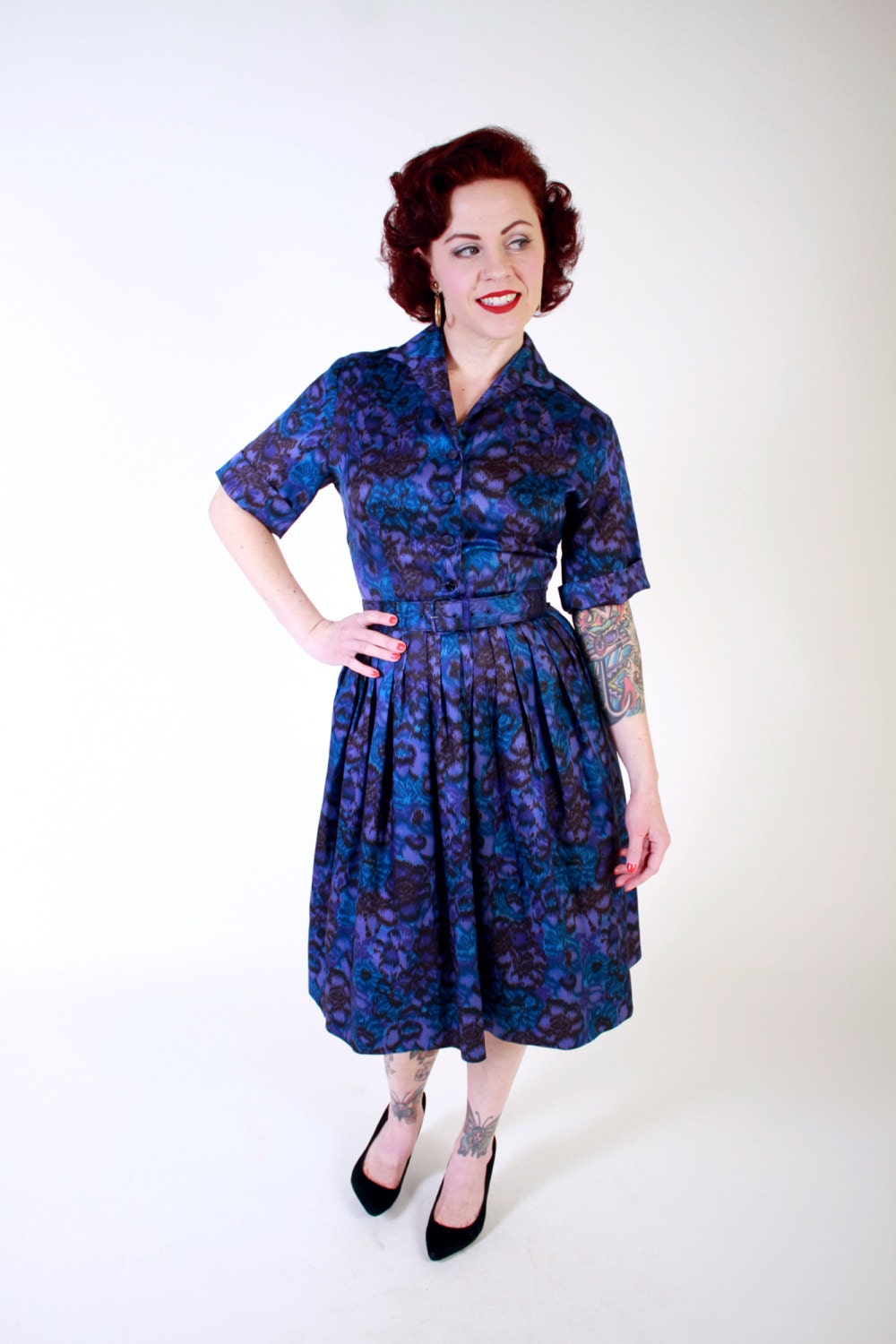 1950s Vintage Dress...Fall Fashion Purple and Blue Watercolor Print 50s Shirtwaist Dress with Pleated Skirt Size Small