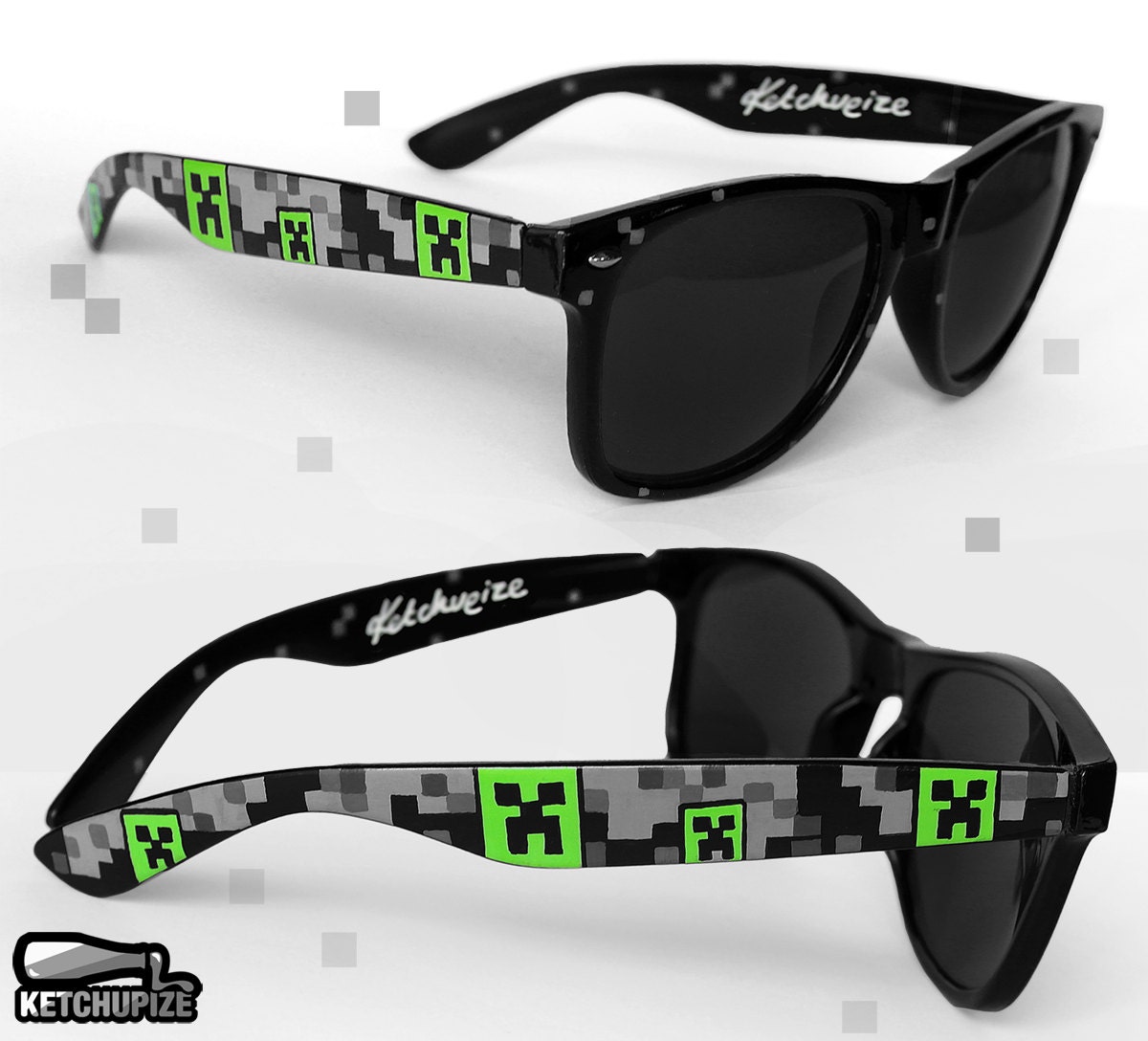 Minecraft Sunglasses - Wayfarer sunglasses video game unique hand painted - Creeper - TNT - grey green black