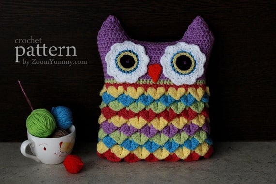 Crochet Pattern Crochet Owl Cushion With Colorful Feathers PDF Pattern With Step-by-Step Picture Tutorial