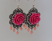 Hot Pink Rose Chandelier Antique silver brass Filigree Flower Dangle Earrings Sterling silver ear wires
