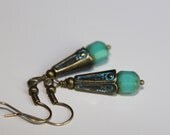 Turquoise Picasso Czech Glass Antique Brass Patina Earrings- Dangle Earrings