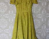 Vintage 1950's Animal Print Chartreuse Dress with Full Circle Skirt S/XS