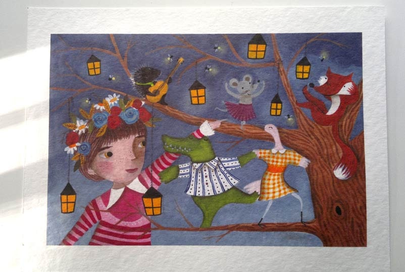 The party in the tree, digital print of a children illustration with animals, night scene with lights and girl with flowers.
