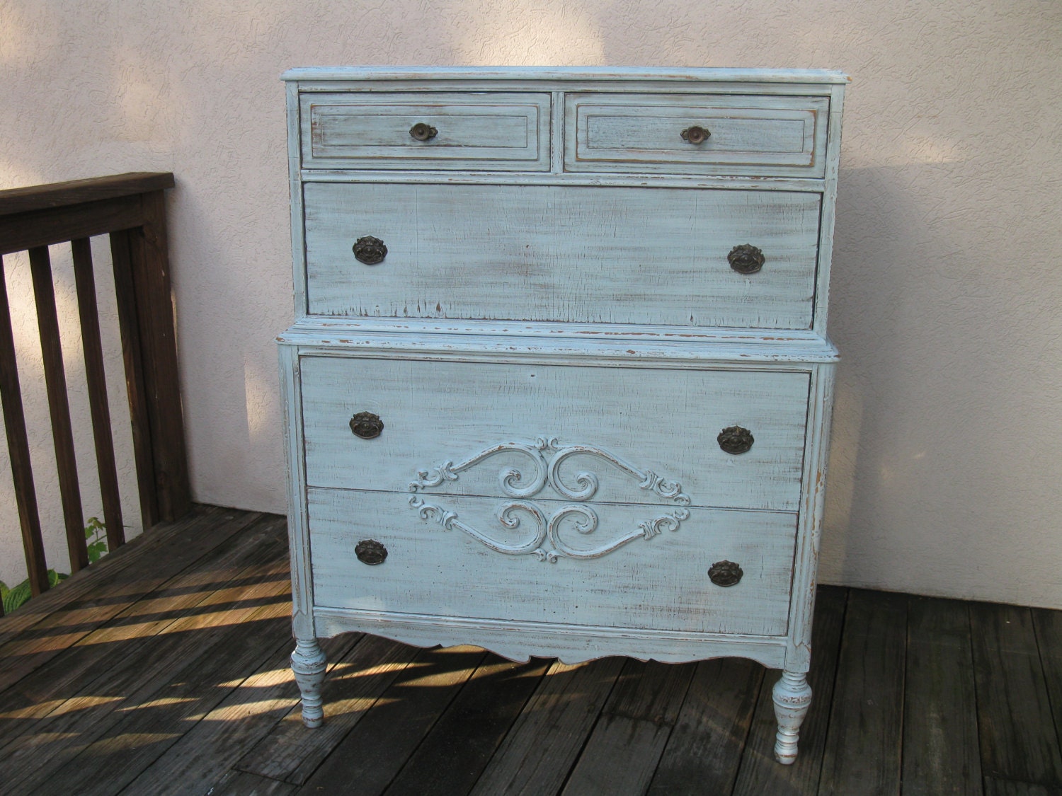 Chic and Shabby Cottage Blue Tall Dresser / Chest of Drawers