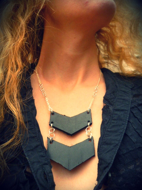 Kerali - double chevron necklace. black leather geometric necklace.