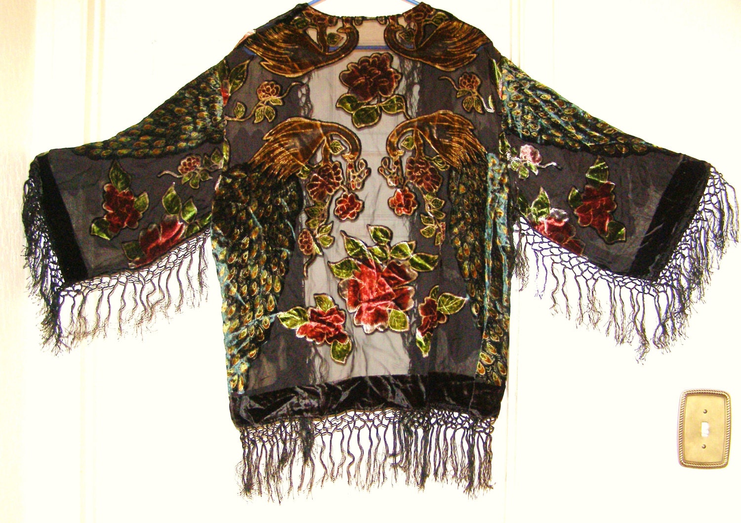 SALE Vintage Black and multi color Peacock Silk burnout velvet fringed boho kimono coat